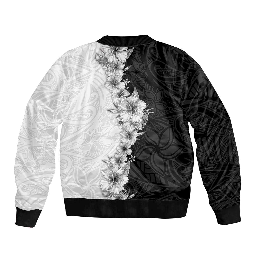 Hawaii Hibiscus Flowers Bomber Jacket Grayscale Polynesian Pattern LT05 - Polynesian Pride