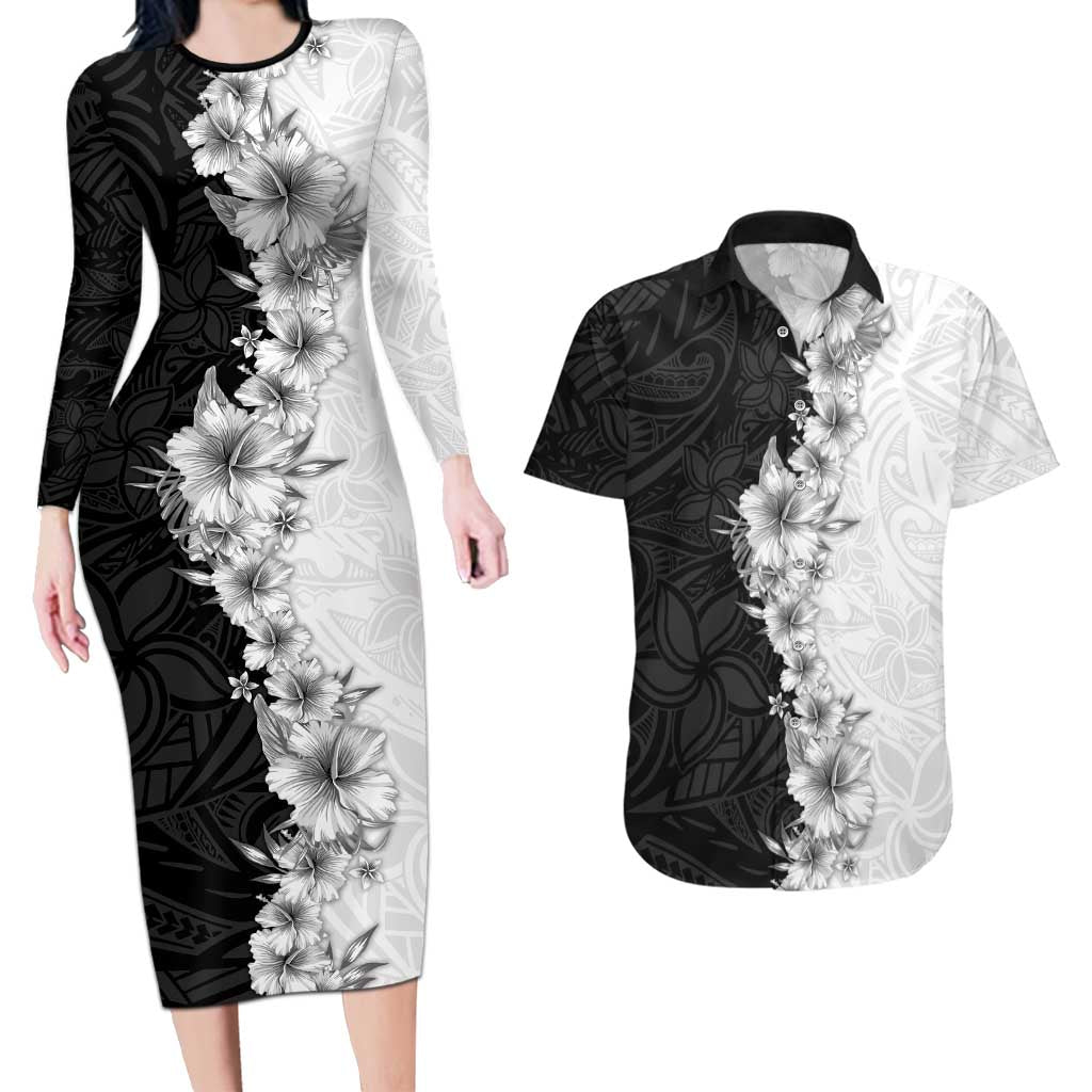 Hawaii Hibiscus Flowers Couples Matching Long Sleeve Bodycon Dress and Hawaiian Shirt Grayscale Polynesian Pattern LT05 Black - Polynesian Pride