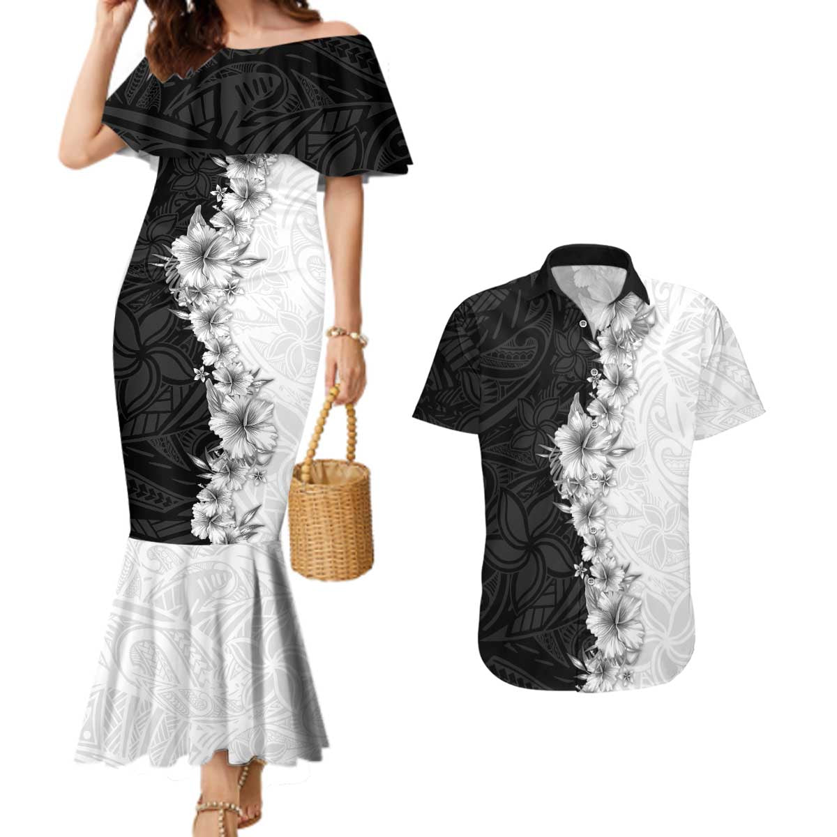 Hawaii Hibiscus Flowers Couples Matching Mermaid Dress and Hawaiian Shirt Grayscale Polynesian Pattern LT05 Black - Polynesian Pride