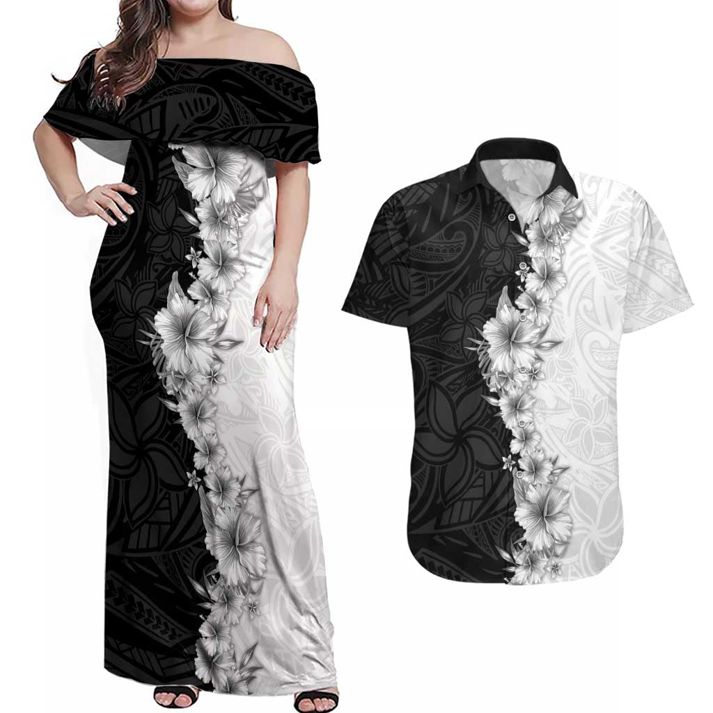 Hawaii Hibiscus Flowers Couples Matching Off Shoulder Maxi Dress and Hawaiian Shirt Grayscale Polynesian Pattern