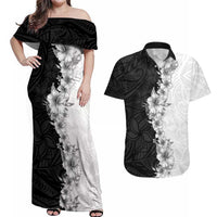 Hawaii Hibiscus Flowers Couples Matching Off Shoulder Maxi Dress and Hawaiian Shirt Grayscale Polynesian Pattern