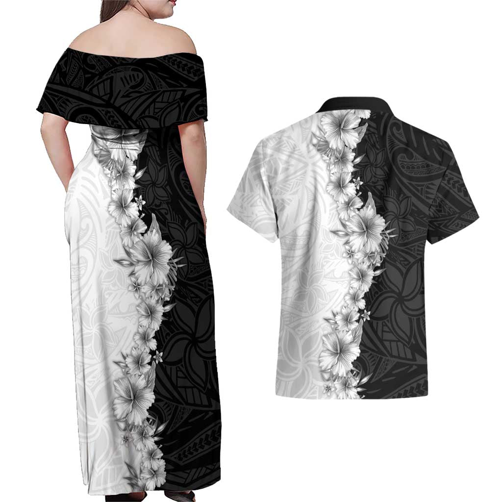 Hawaii Hibiscus Flowers Couples Matching Off Shoulder Maxi Dress and Hawaiian Shirt Grayscale Polynesian Pattern