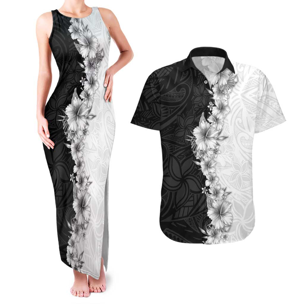 Hawaii Hibiscus Flowers Couples Matching Tank Maxi Dress and Hawaiian Shirt Grayscale Polynesian Pattern LT05 Black - Polynesian Pride