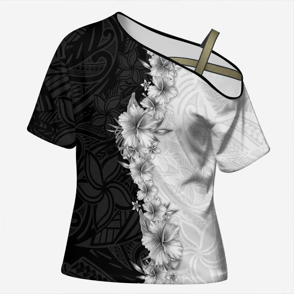 Hawaii Hibiscus Flowers Cross Shoulder Shirt Grayscale Polynesian Pattern LT05 Female Black - Polynesian Pride