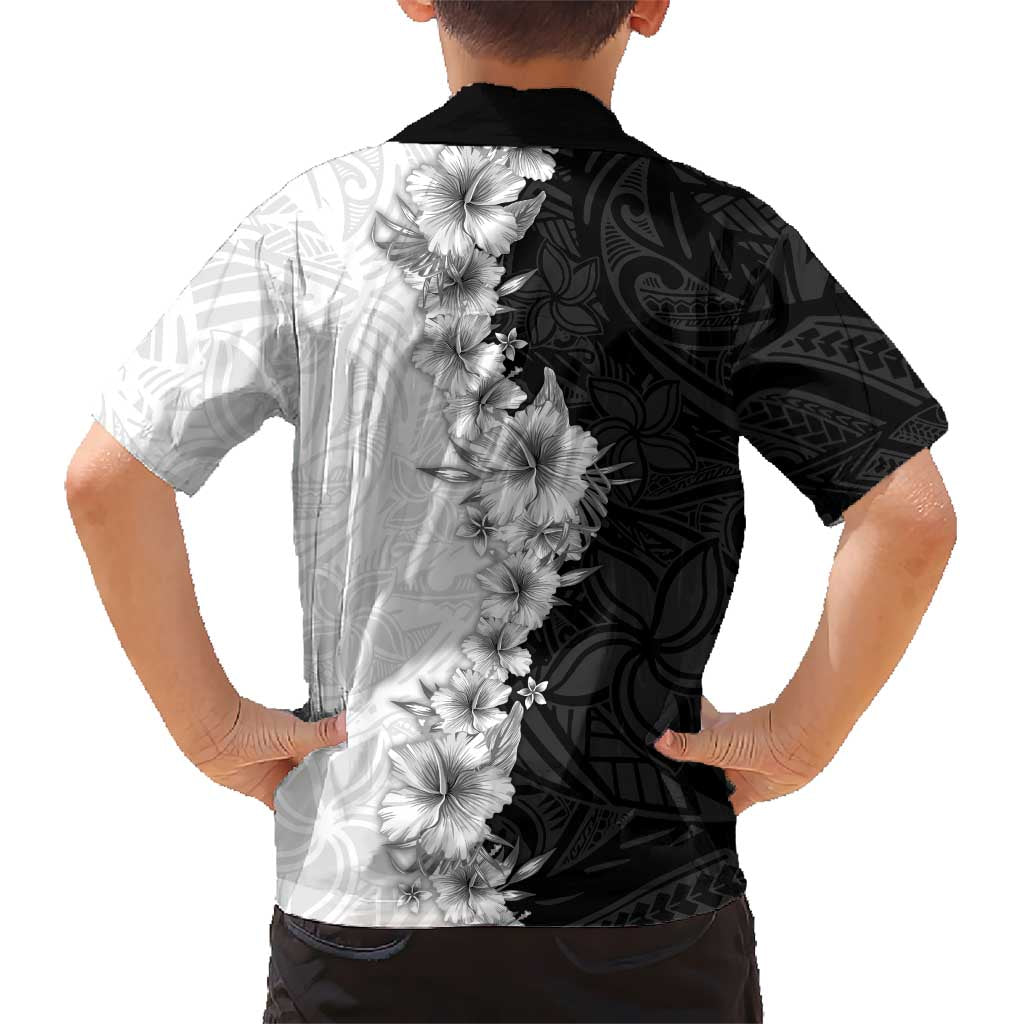 Hawaii Hibiscus Flowers Family Matching Long Sleeve Bodycon Dress and Hawaiian Shirt Grayscale Polynesian Pattern