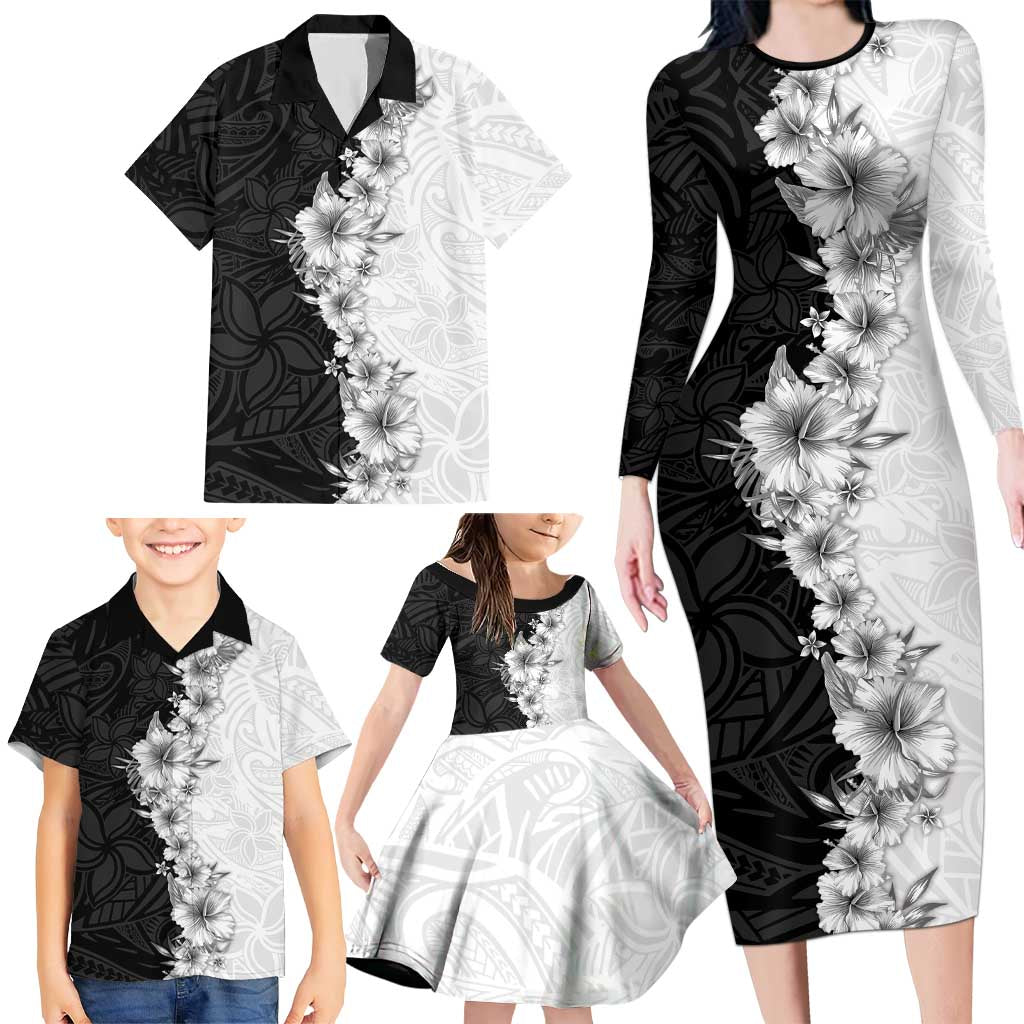 Hawaii Hibiscus Flowers Family Matching Long Sleeve Bodycon Dress and Hawaiian Shirt Grayscale Polynesian Pattern
