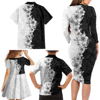 Hawaii Hibiscus Flowers Family Matching Long Sleeve Bodycon Dress and Hawaiian Shirt Grayscale Polynesian Pattern