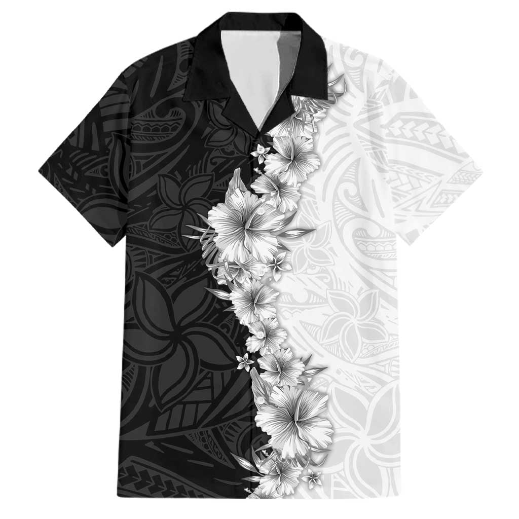Hawaii Hibiscus Flowers Family Matching Long Sleeve Bodycon Dress and Hawaiian Shirt Grayscale Polynesian Pattern