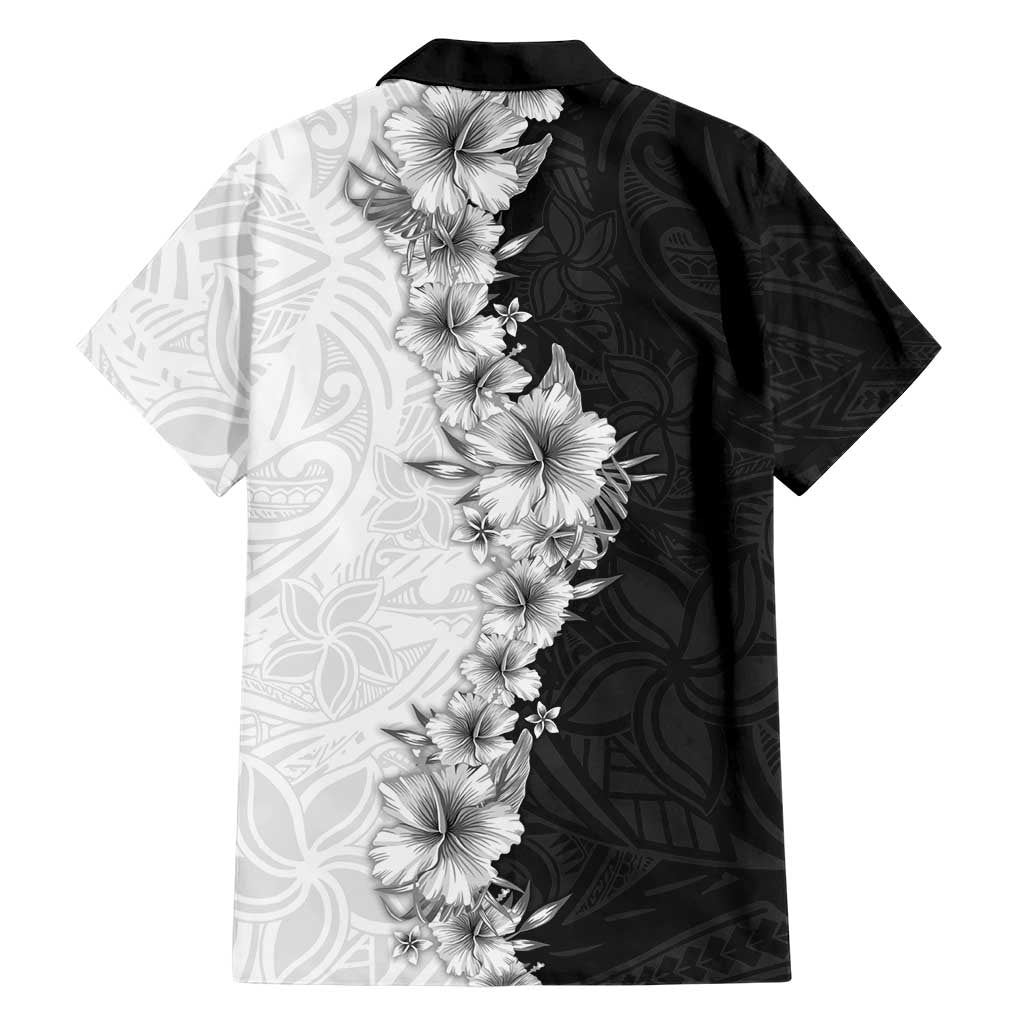 Hawaii Hibiscus Flowers Family Matching Long Sleeve Bodycon Dress and Hawaiian Shirt Grayscale Polynesian Pattern