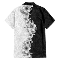 Hawaii Hibiscus Flowers Family Matching Long Sleeve Bodycon Dress and Hawaiian Shirt Grayscale Polynesian Pattern