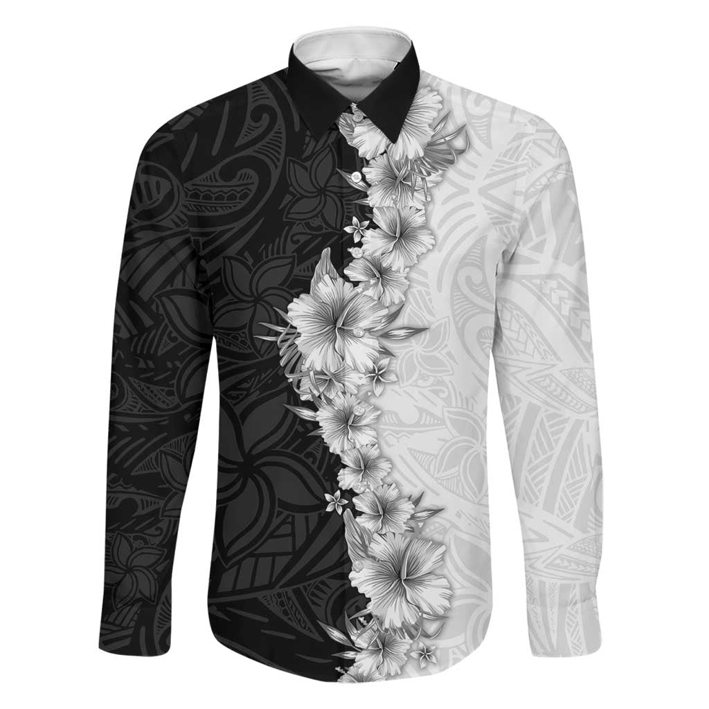 Hawaii Hibiscus Flowers Family Matching Long Sleeve Bodycon Dress and Hawaiian Shirt Grayscale Polynesian Pattern