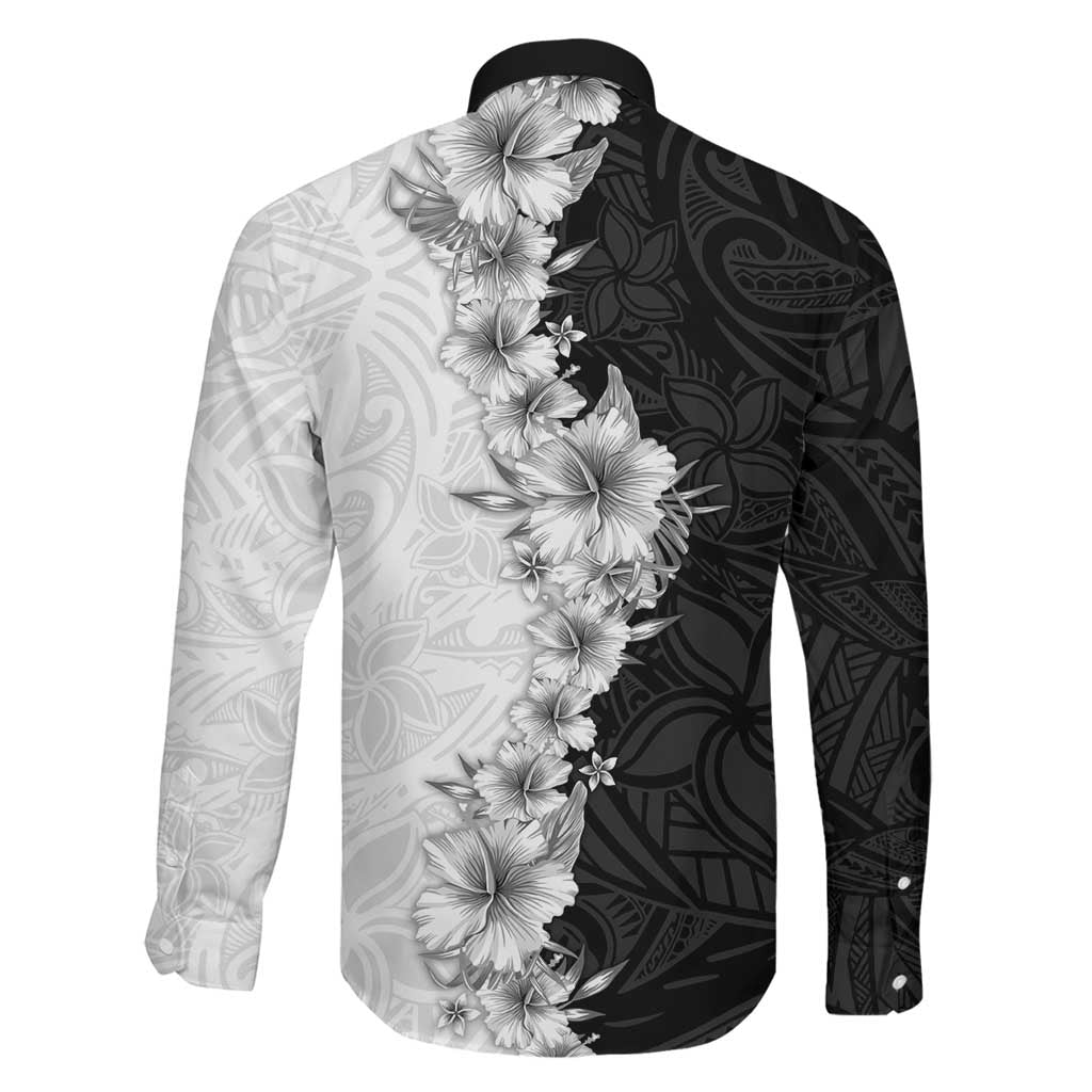 Hawaii Hibiscus Flowers Family Matching Long Sleeve Bodycon Dress and Hawaiian Shirt Grayscale Polynesian Pattern