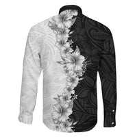 Hawaii Hibiscus Flowers Family Matching Long Sleeve Bodycon Dress and Hawaiian Shirt Grayscale Polynesian Pattern