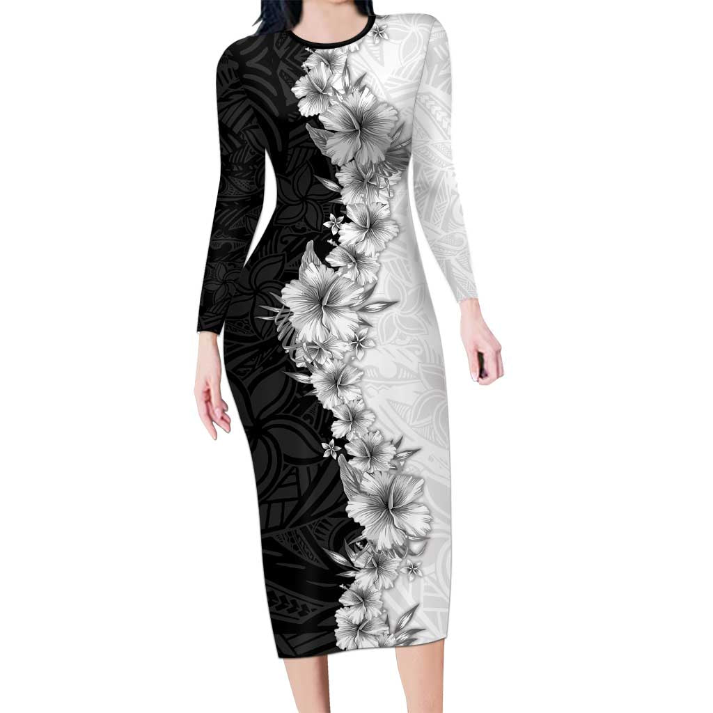Hawaii Hibiscus Flowers Family Matching Long Sleeve Bodycon Dress and Hawaiian Shirt Grayscale Polynesian Pattern
