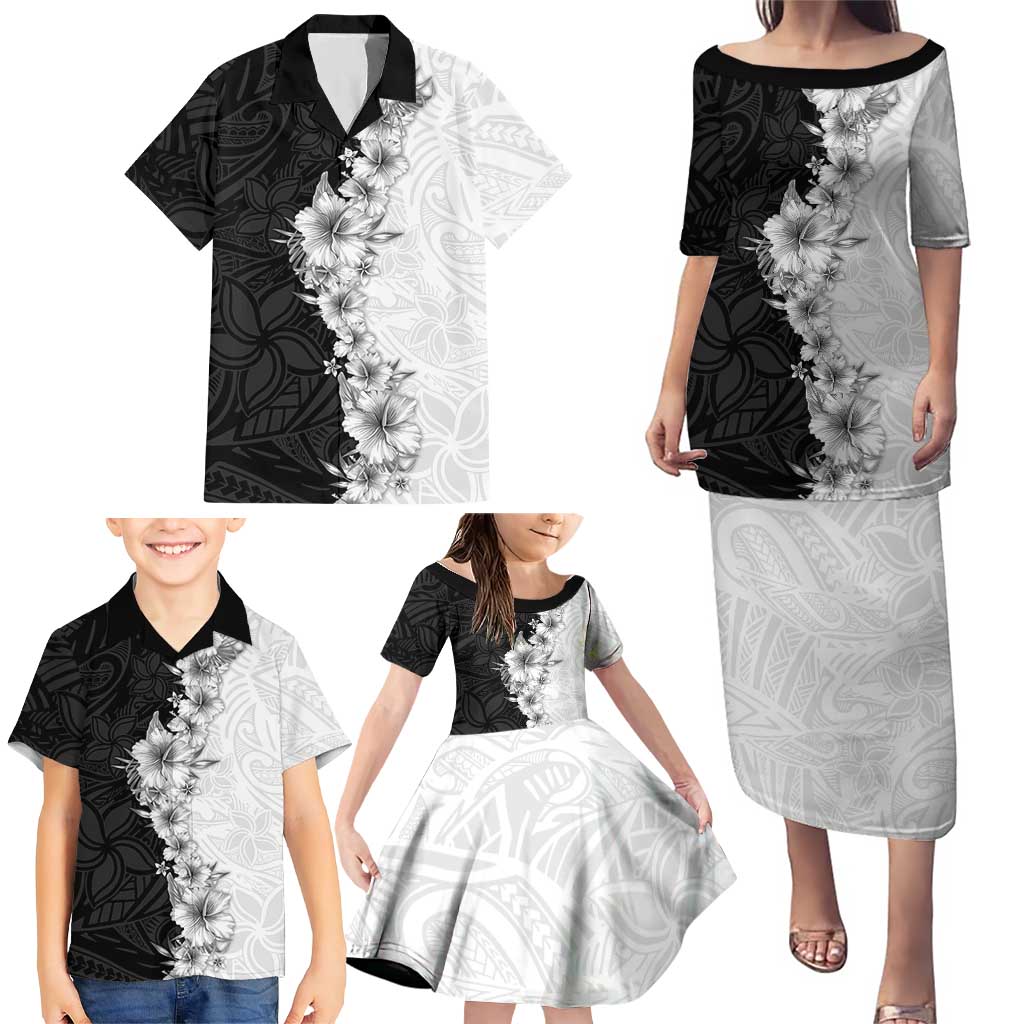 Hawaii Hibiscus Flowers Family Matching Puletasi and Hawaiian Shirt Grayscale Polynesian Pattern LT05 - Polynesian Pride