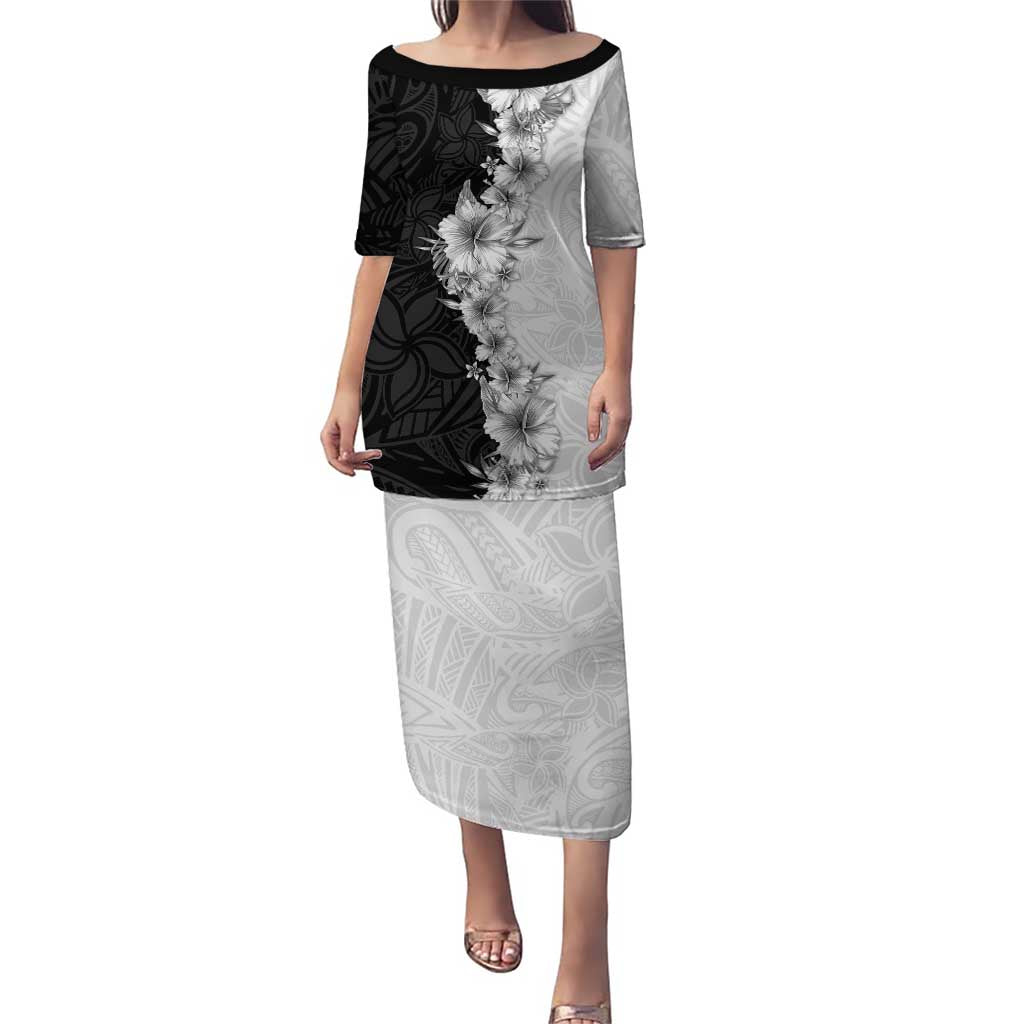 Hawaii Hibiscus Flowers Family Matching Puletasi and Hawaiian Shirt Grayscale Polynesian Pattern LT05 Mom's Dress Black - Polynesian Pride