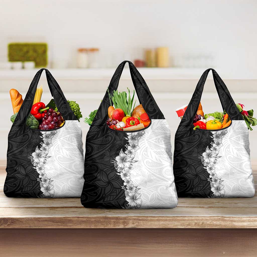 Hawaii Hibiscus Flowers Grocery Bag Grayscale Polynesian Pattern LT05 3-pack One Size Black - Polynesian Pride
