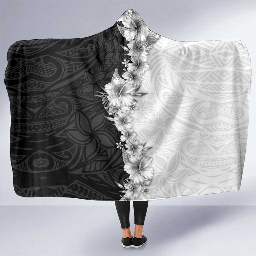 Hawaii Hibiscus Flowers Hooded Blanket Grayscale Polynesian Pattern LT05 One Size Black - Polynesian Pride