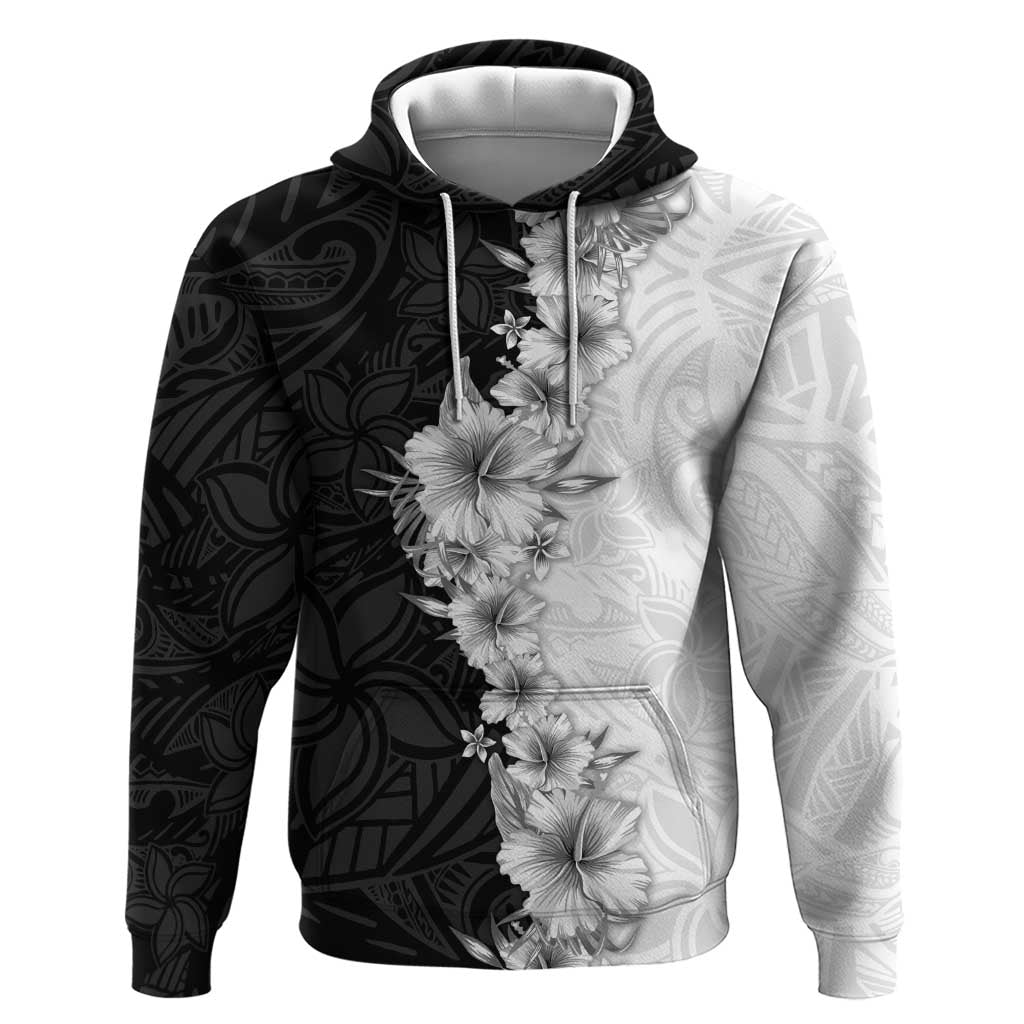 Hawaii Hibiscus Flowers Hoodie Grayscale Polynesian Pattern LT05 Pullover Hoodie Black - Polynesian Pride