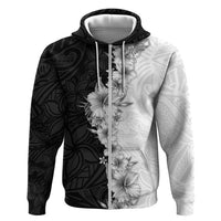 Hawaii Hibiscus Flowers Hoodie Grayscale Polynesian Pattern LT05 Zip Hoodie Black - Polynesian Pride