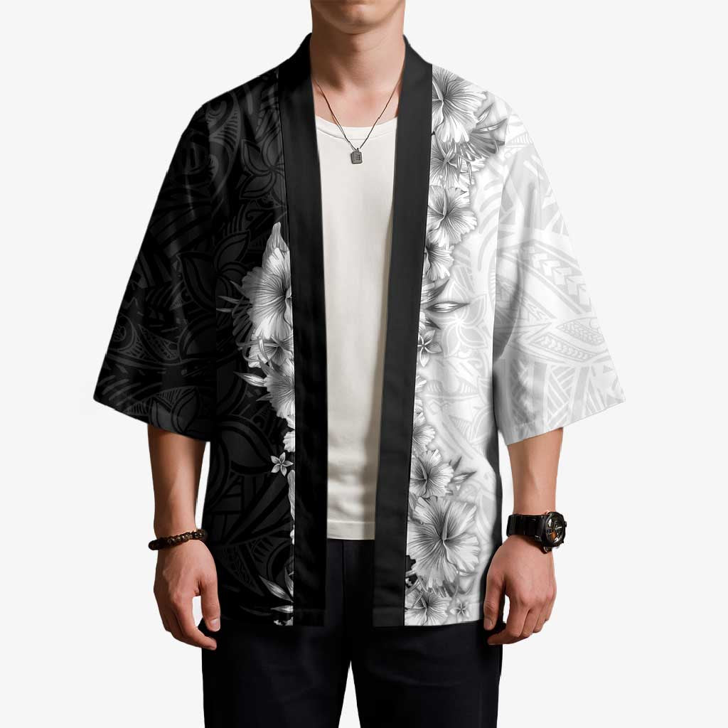 Hawaii Hibiscus Flowers Kimono Grayscale Polynesian Pattern LT05 - Polynesian Pride
