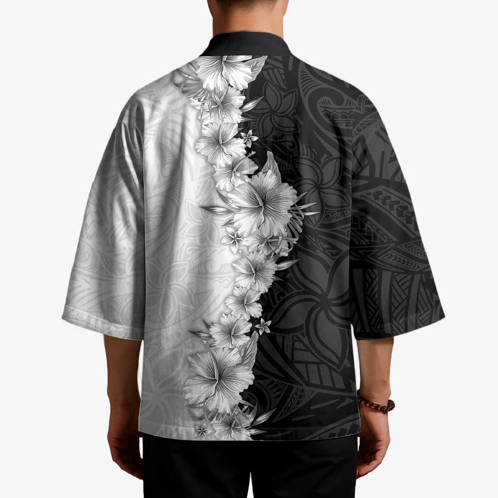 Hawaii Hibiscus Flowers Kimono Grayscale Polynesian Pattern LT05 - Polynesian Pride