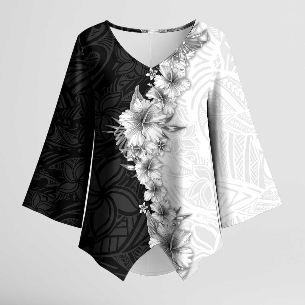 Hawaii Hibiscus Flowers Kimono Sleeve Blouse Grayscale Polynesian Pattern LT05 Female Black - Polynesian Pride