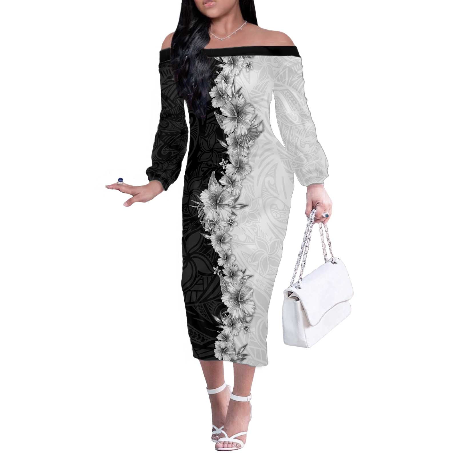 Hawaii Hibiscus Flowers Off The Shoulder Long Sleeve Dress Grayscale Polynesian Pattern