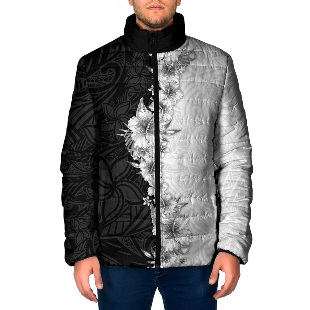 Hawaii Hibiscus Flowers Padded Jacket Grayscale Polynesian Pattern LT05 Men Black - Polynesian Pride