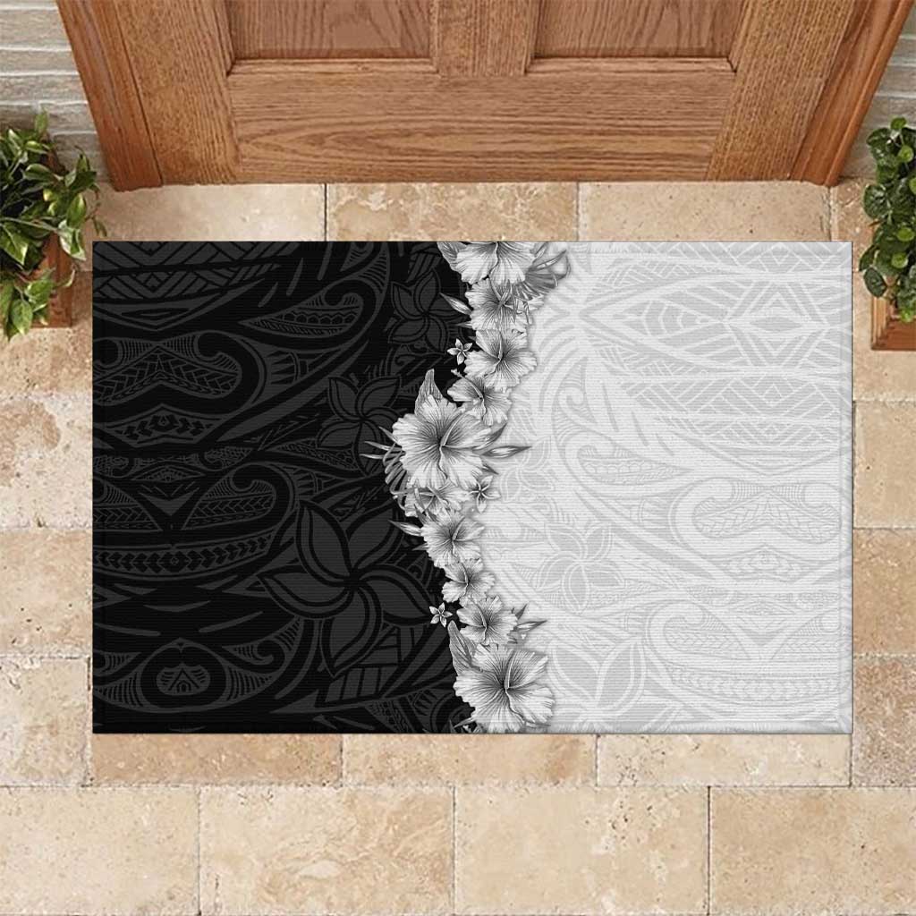 Hawaii Hibiscus Flowers Rubber Doormat Grayscale Polynesian Pattern LT05 Black - Polynesian Pride
