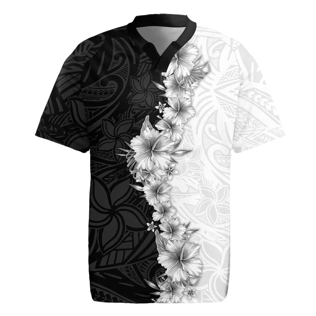 Hawaii Hibiscus Flowers Rugby Jersey Grayscale Polynesian Pattern LT05 Black - Polynesian Pride