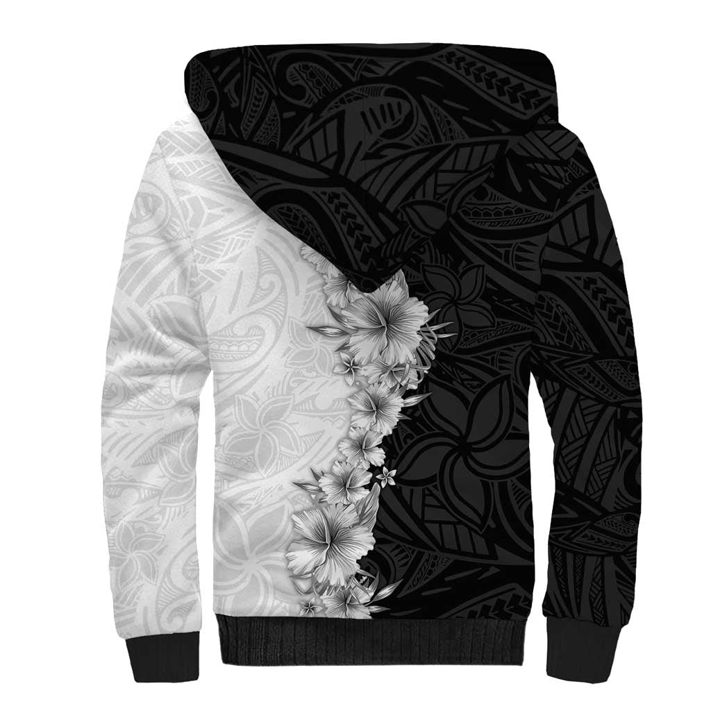 Hawaii Hibiscus Flowers Sherpa Hoodie Grayscale Polynesian Pattern