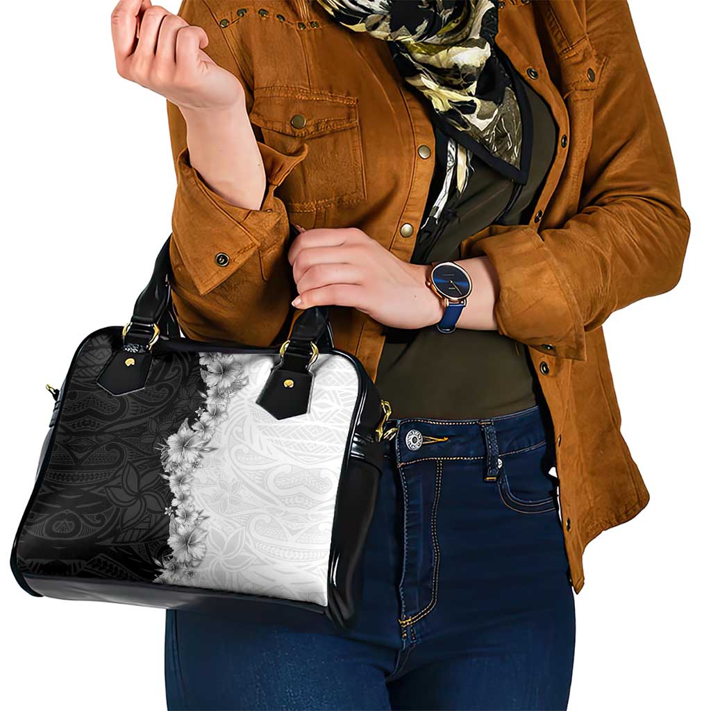 Hawaii Hibiscus Flowers Shoulder Handbag Grayscale Polynesian Pattern