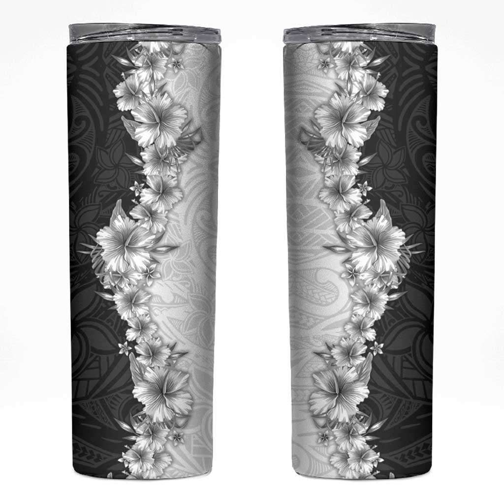 Hawaii Hibiscus Flowers Skinny Tumbler Grayscale Polynesian Pattern LT05 Black - Polynesian Pride