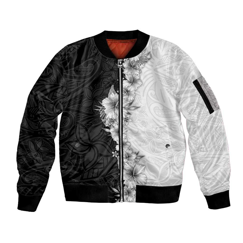 Hawaii Hibiscus Flowers Sleeve Zip Bomber Jacket Grayscale Polynesian Pattern LT05 Unisex Black - Polynesian Pride