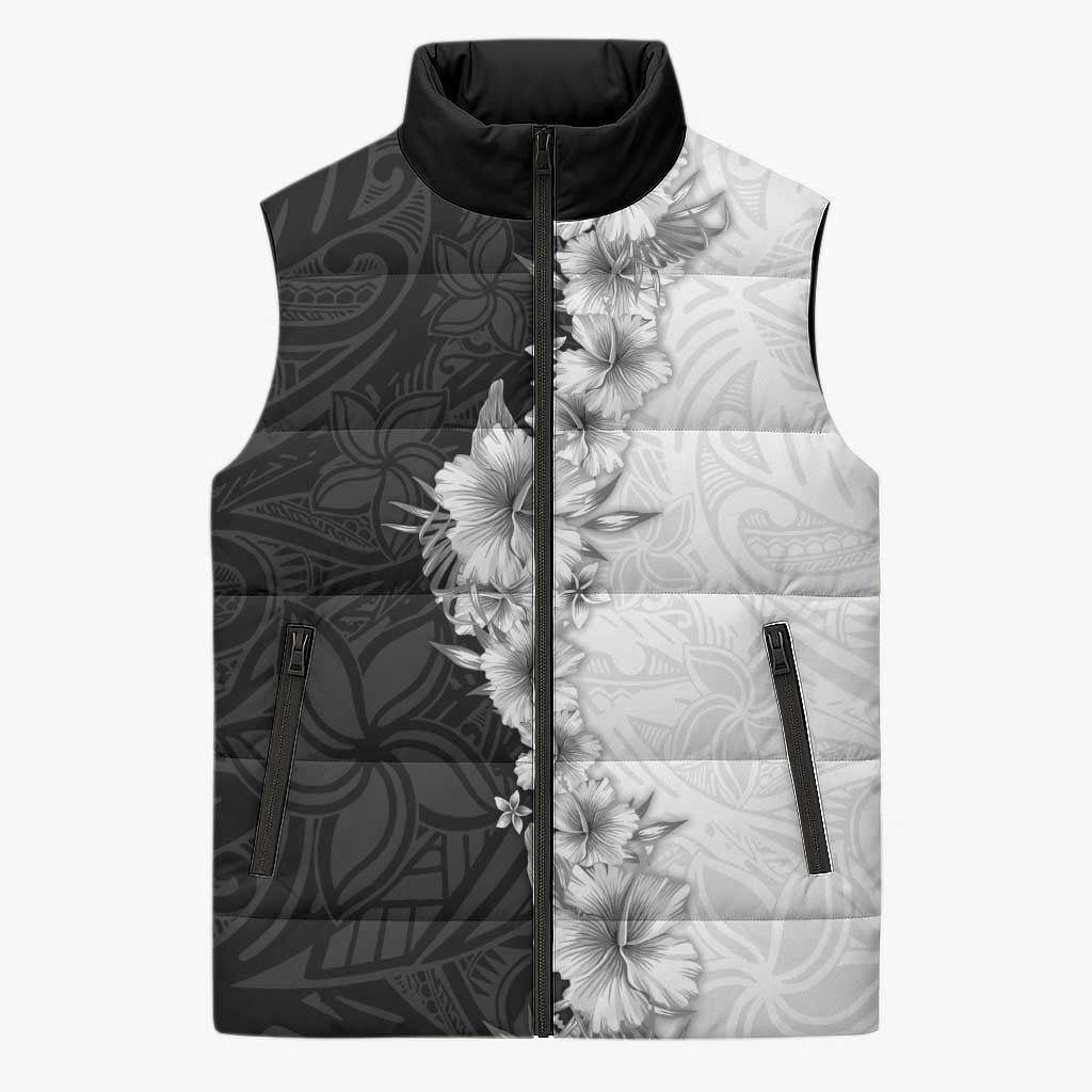 Hawaii Hibiscus Flowers Sleeveless Puffer Jacket Grayscale Polynesian Pattern