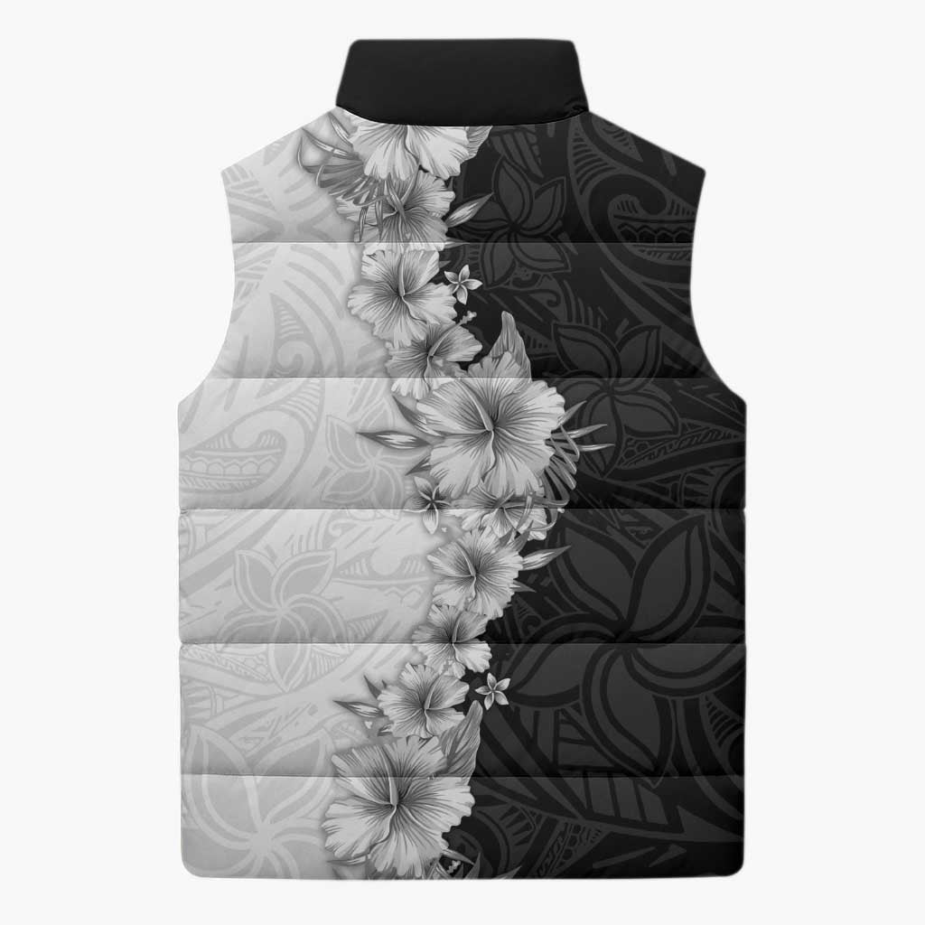 Hawaii Hibiscus Flowers Sleeveless Puffer Jacket Grayscale Polynesian Pattern