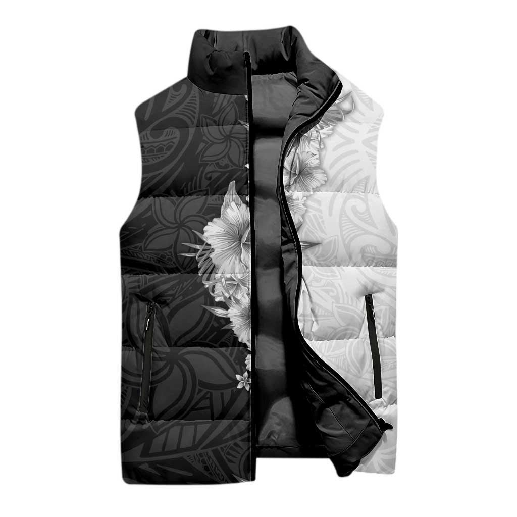 Hawaii Hibiscus Flowers Sleeveless Puffer Jacket Grayscale Polynesian Pattern