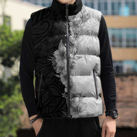 Hawaii Hibiscus Flowers Sleeveless Puffer Jacket Grayscale Polynesian Pattern