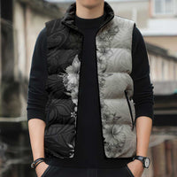 Hawaii Hibiscus Flowers Sleeveless Puffer Jacket Grayscale Polynesian Pattern