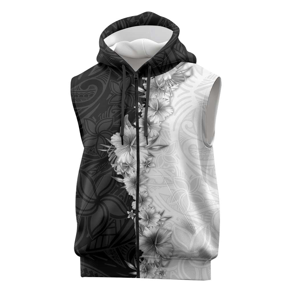 Hawaii Hibiscus Flowers Sleeveless Zip Hoodie Grayscale Polynesian Pattern LT05 Black - Polynesian Pride