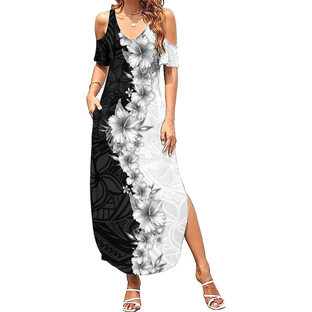 Hawaii Hibiscus Flowers Summer Maxi Dress Grayscale Polynesian Pattern