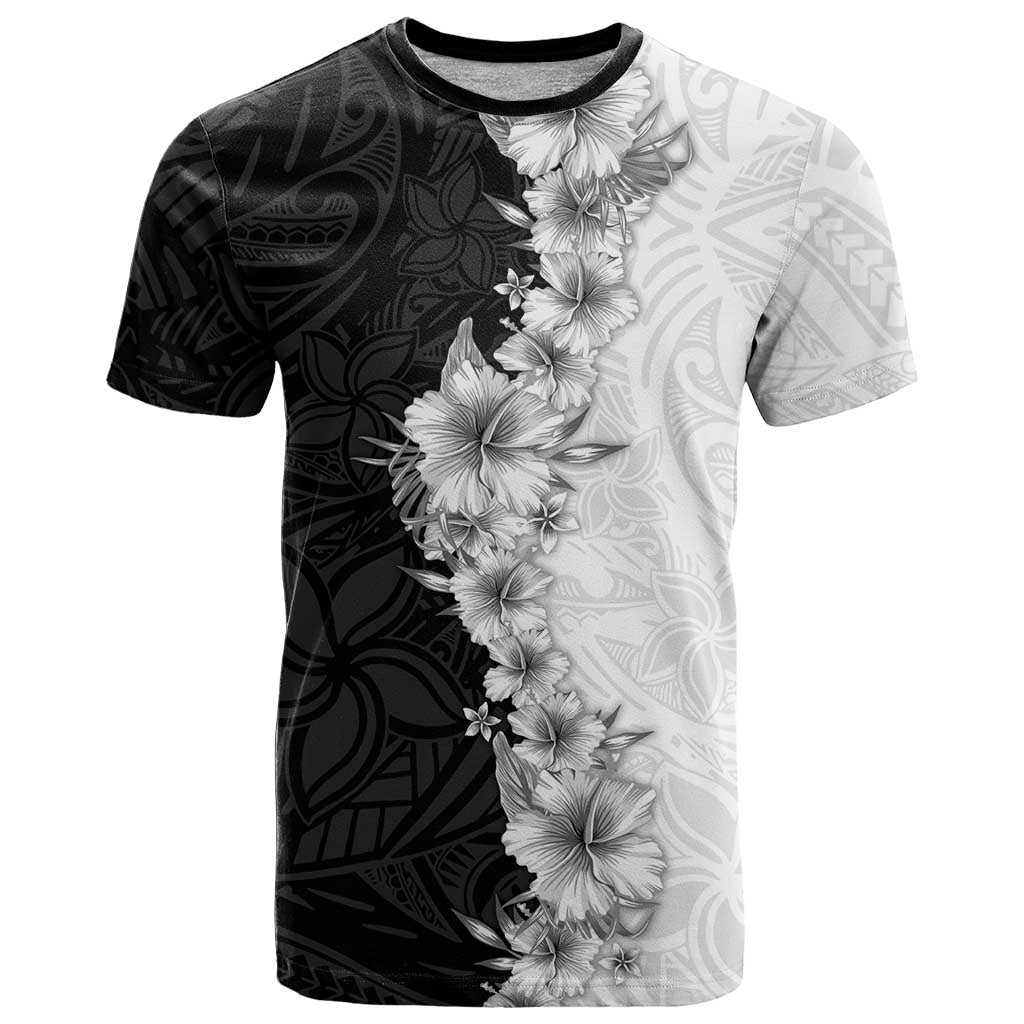 Hawaii Hibiscus Flowers T Shirt Grayscale Polynesian Pattern