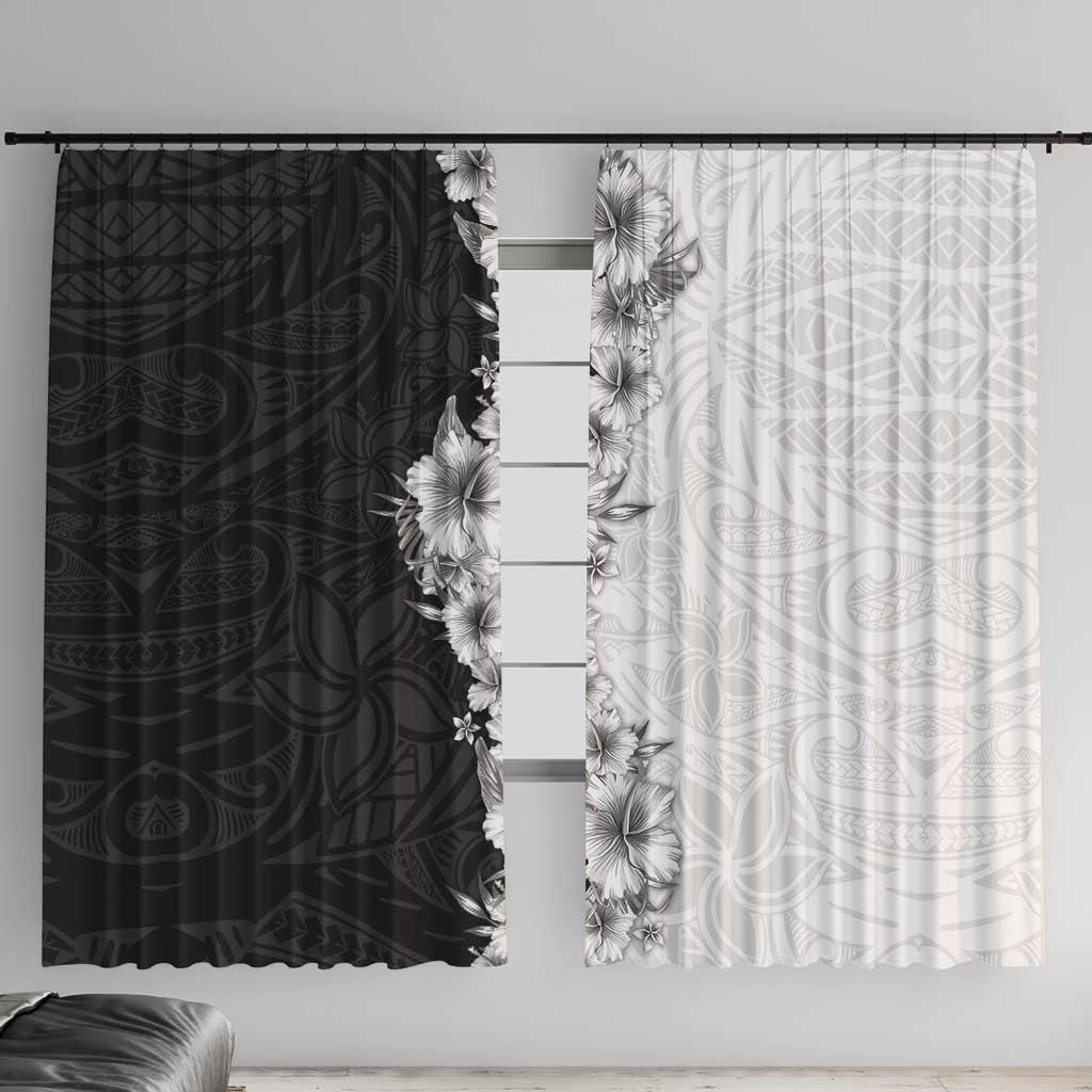 Hawaii Hibiscus Flowers Window Curtain Grayscale Polynesian Pattern LT05 With Hooks Black - Polynesian Pride