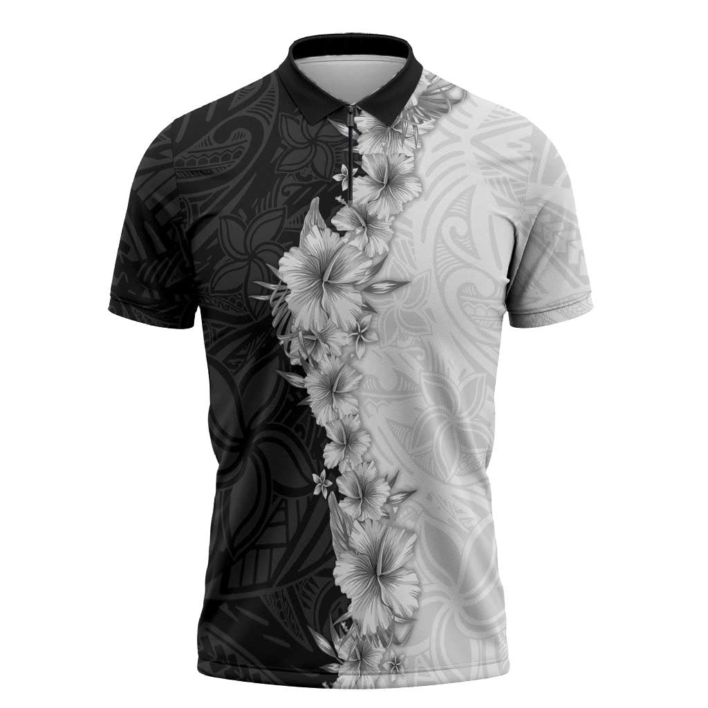 Hawaii Hibiscus Flowers Zipper Polo Shirt Grayscale Polynesian Pattern
