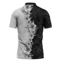 Hawaii Hibiscus Flowers Zipper Polo Shirt Grayscale Polynesian Pattern
