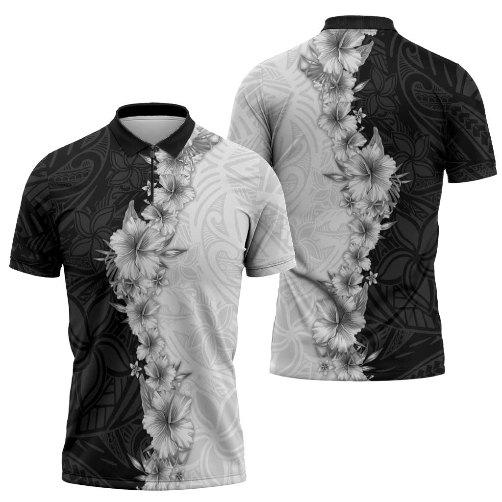 Hawaii Hibiscus Flowers Zipper Polo Shirt Grayscale Polynesian Pattern