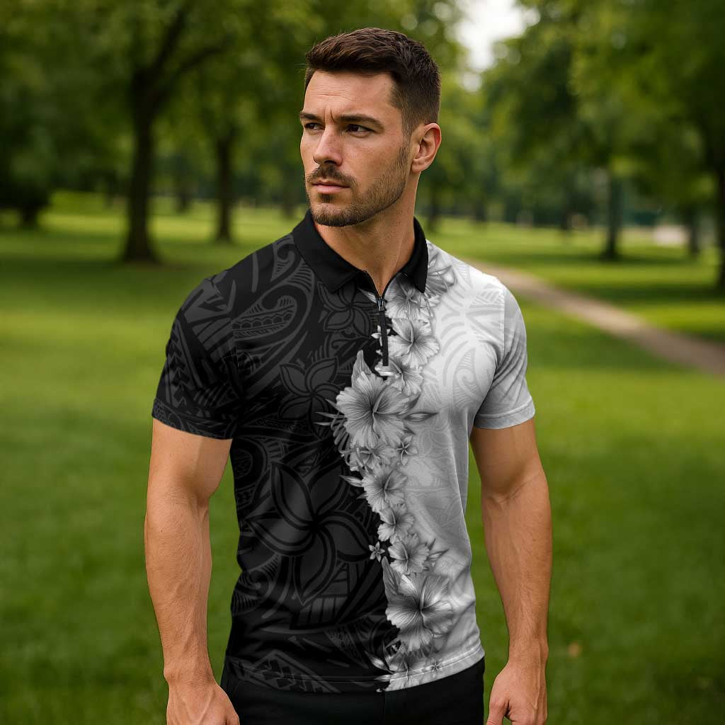 Hawaii Hibiscus Flowers Zipper Polo Shirt Grayscale Polynesian Pattern