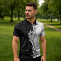 Hawaii Hibiscus Flowers Zipper Polo Shirt Grayscale Polynesian Pattern