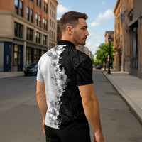 Hawaii Hibiscus Flowers Zipper Polo Shirt Grayscale Polynesian Pattern